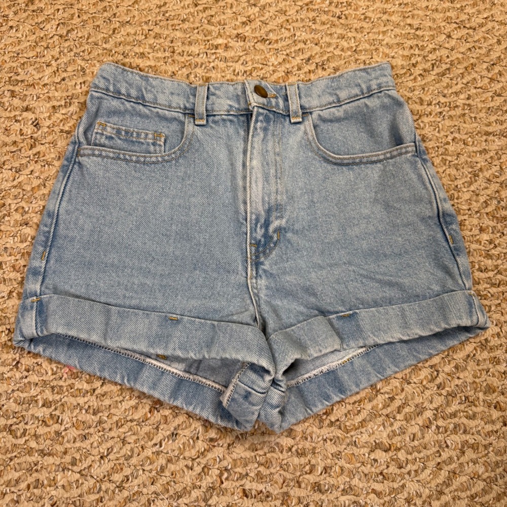 American Apparel High Waisted Denim Shorts Light Wash Blue Jean Cuffed Size 26